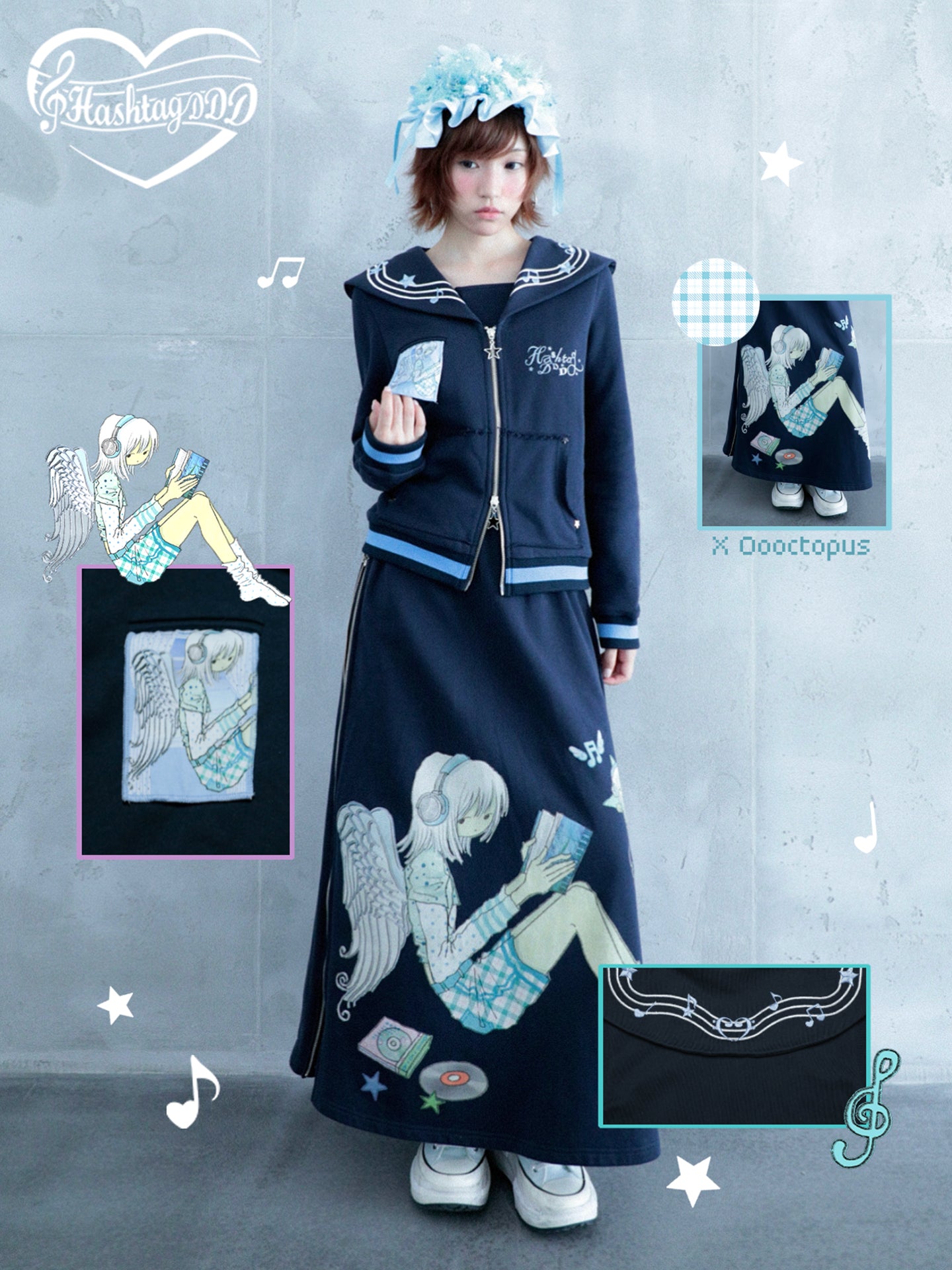 oooctopus co-branded Side-Zip Sweatshirt Long Skirt-navy