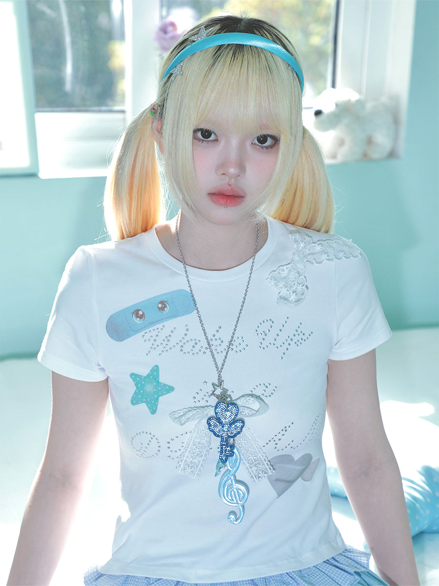 Band-Aid Bow Rhinestone Short Sleeve T-Shirt