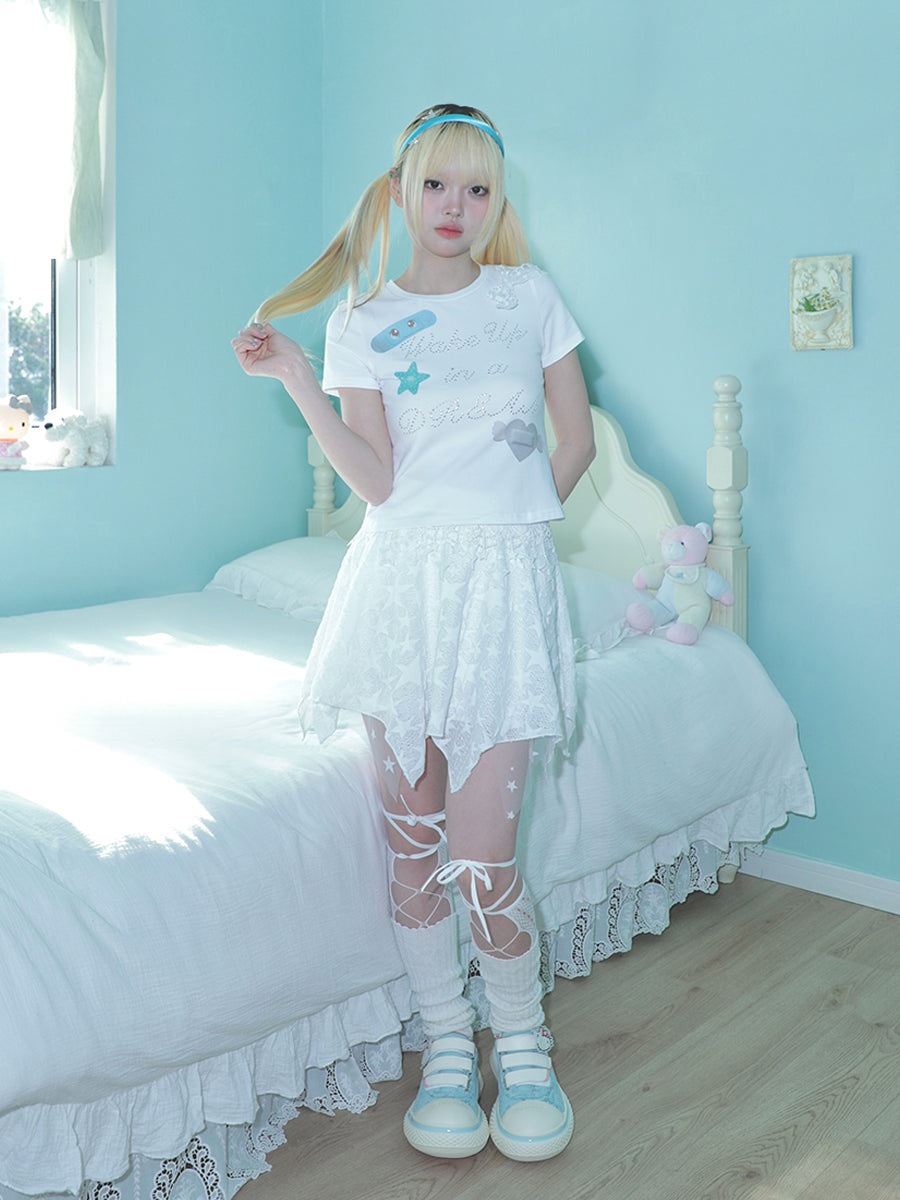 Band-Aid Bow Rhinestone Short Sleeve T-Shirt
