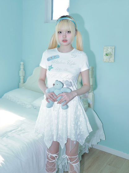 Band-Aid Bow Rhinestone Short Sleeve T-Shirt