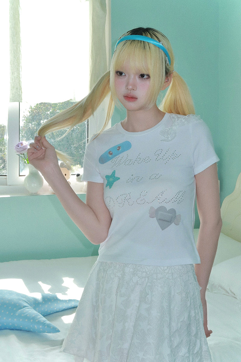 Band-Aid Bow Rhinestone Short Sleeve T-Shirt