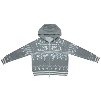 Fair Isle Knit Hooded Coat with Cat Ears