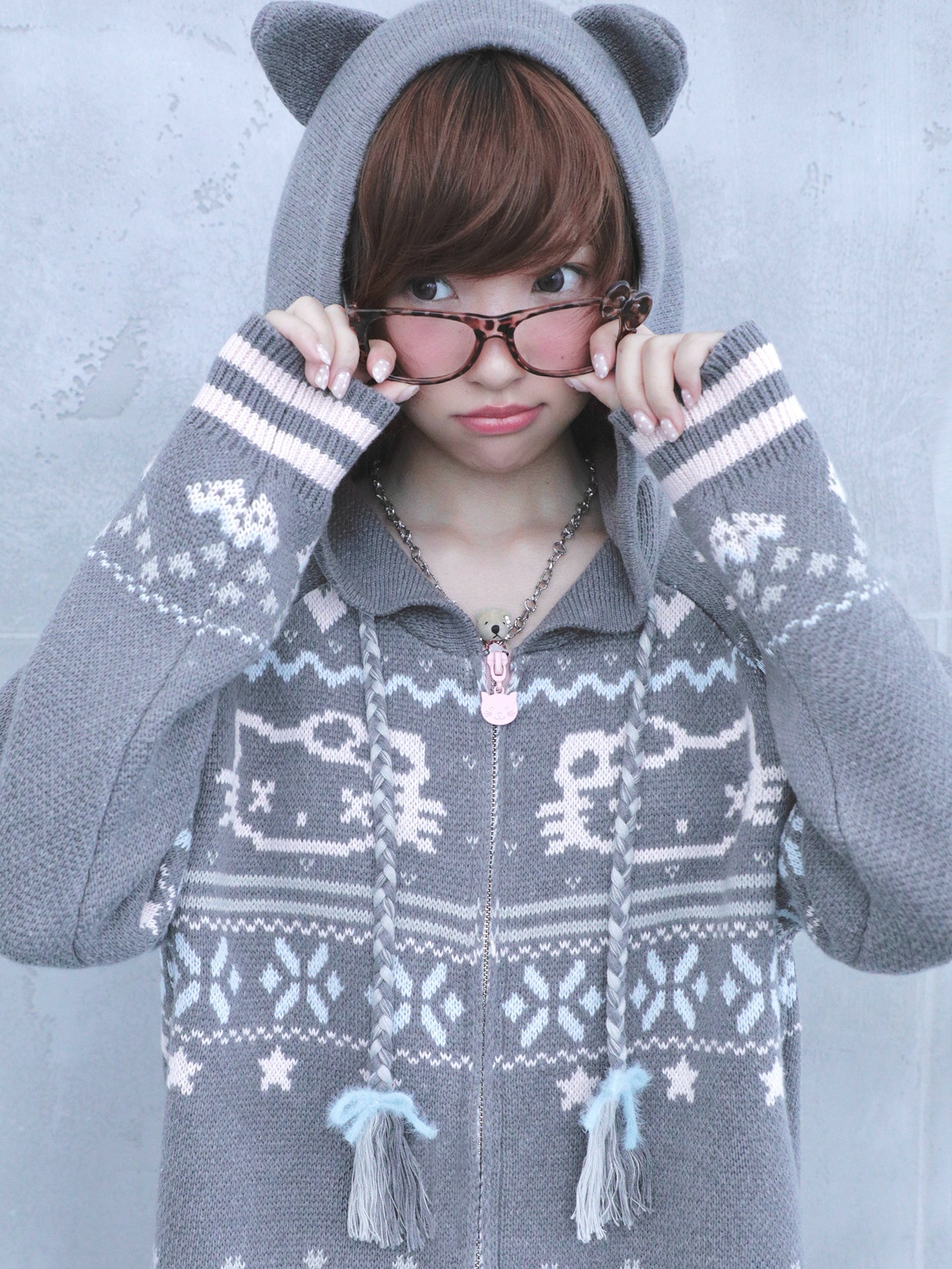 Fair Isle Knit Hooded Coat with Cat Ears