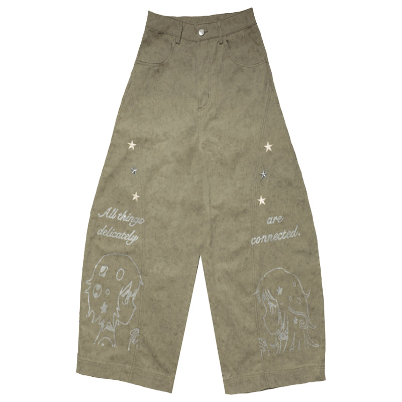 oliwabiu co-branded  Silver glitter printed curved knife pants
