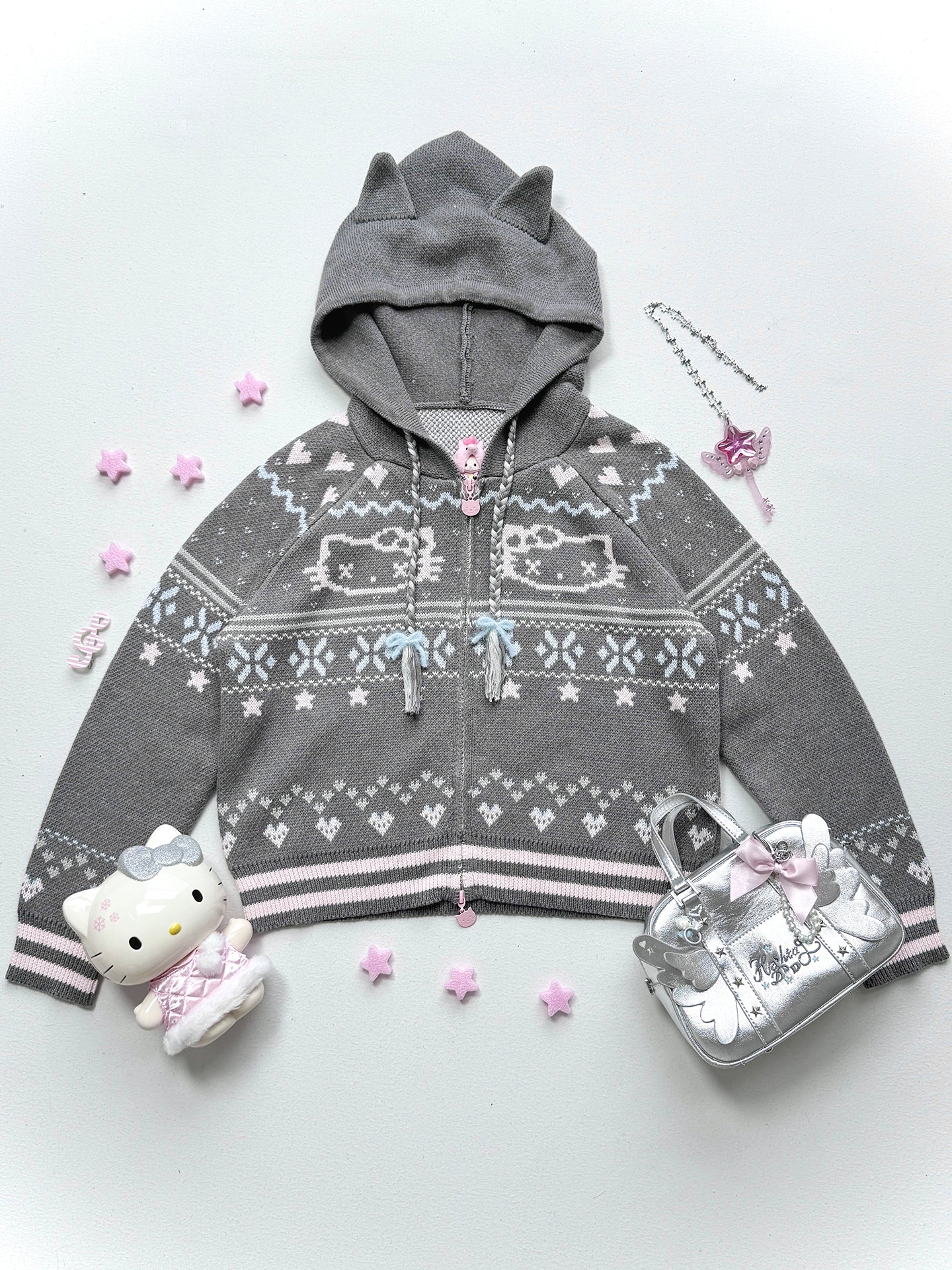 Fair Isle Knit Hooded Coat with Cat Ears