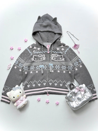 Fair Isle Knit Hooded Coat with Cat Ears