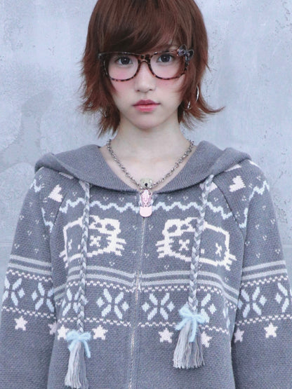 Fair Isle Knit Hooded Coat with Cat Ears