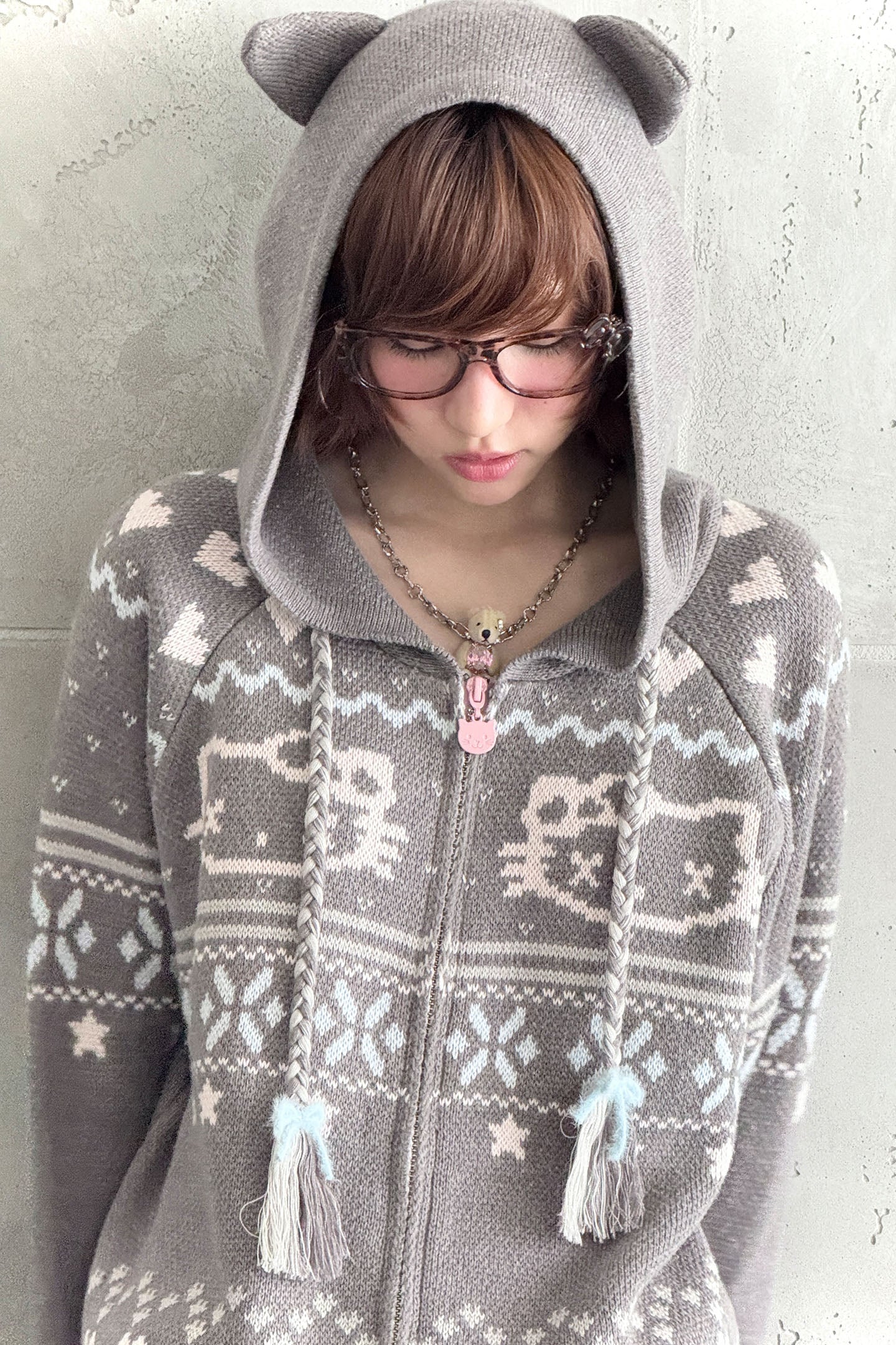 Fair Isle Knit Hooded Coat with Cat Ears