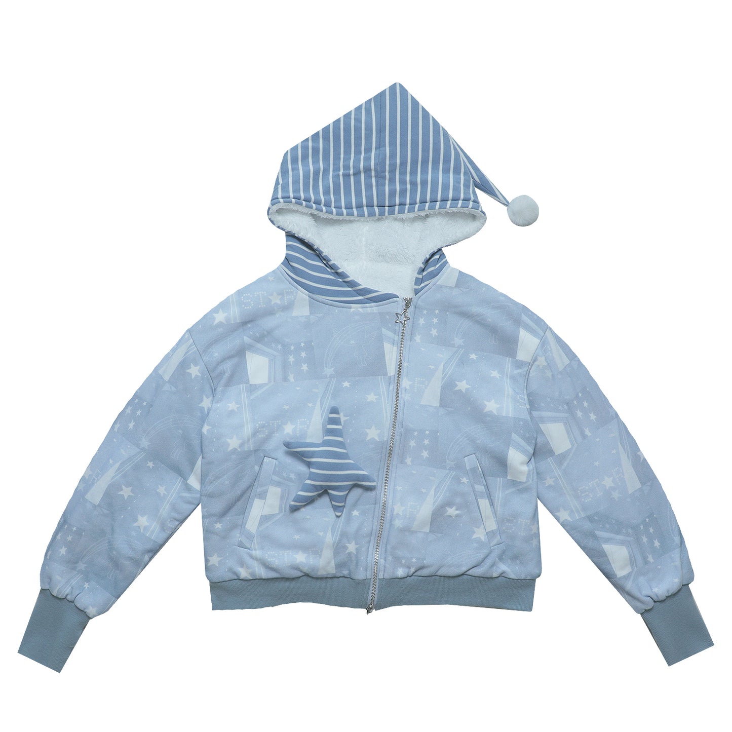 Star-Print Hooded Jacket with Diagonal Zipper