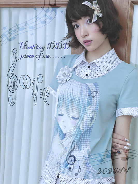 Comic Girl Mock Layer Polka Dot Short Sleeve Blouse Top