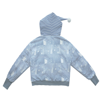 Star-Print Hooded Jacket with Diagonal Zipper