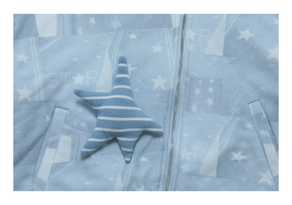 Star-Print Hooded Jacket with Diagonal Zipper