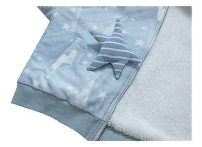 Star-Print Hooded Jacket with Diagonal Zipper