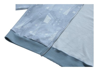 Star-Print Hooded Jacket with Diagonal Zipper