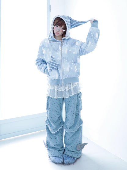 Star-Print Hooded Jacket with Diagonal Zipper