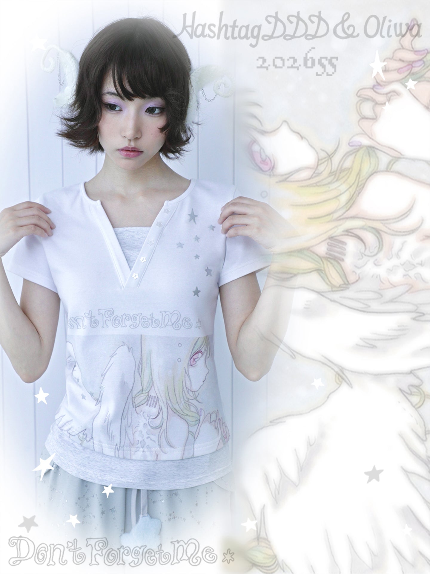 oliwabiu co-branded Angel Silver Foil Mock Layer Short Sleeve T-Shirt