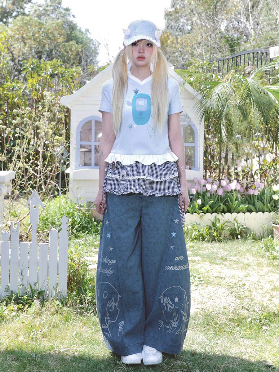 oliwabiu co-branded  Silver glitter printed curved knife pants