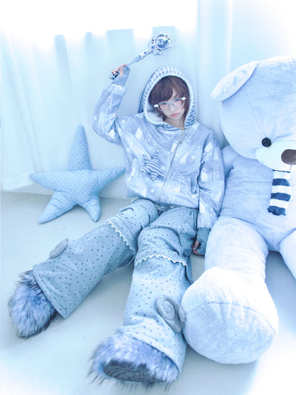 Star-Print Hooded Jacket with Diagonal Zipper