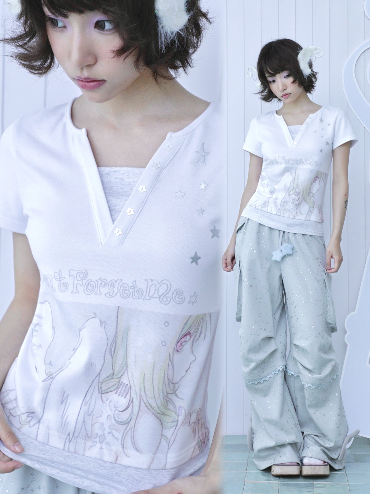 oliwabiu co-branded Angel Silver Foil Mock Layer Short Sleeve T-Shirt