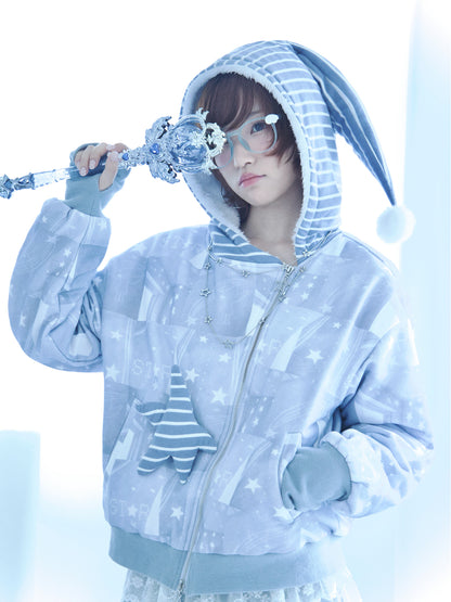 Star-Print Hooded Jacket with Diagonal Zipper
