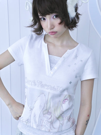 oliwabiu co-branded Angel Silver Foil Mock Layer Short Sleeve T-Shirt