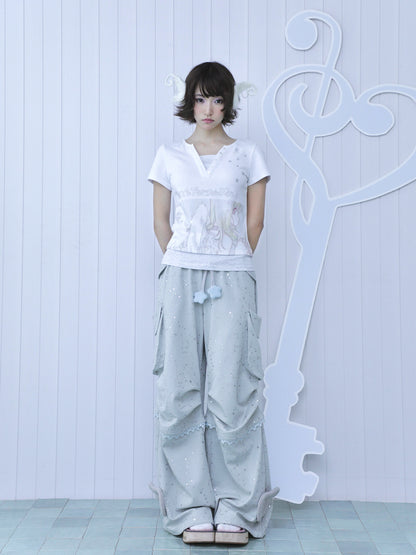 oliwabiu co-branded Angel Silver Foil Mock Layer Short Sleeve T-Shirt