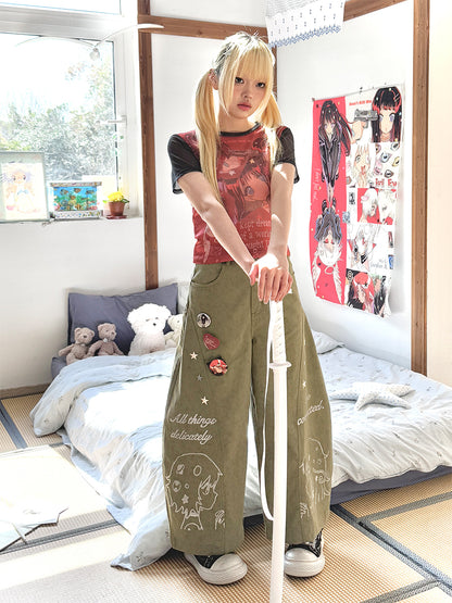 oliwabiu co-branded  Silver glitter printed curved knife pants