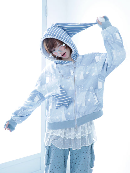 Star-Print Hooded Jacket with Diagonal Zipper