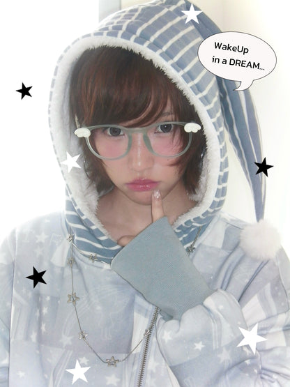 Star-Print Hooded Jacket with Diagonal Zipper