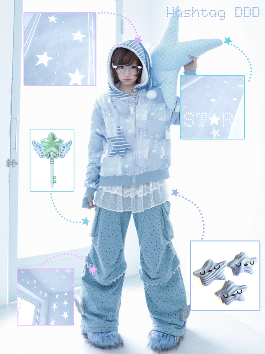 Star-Print Hooded Jacket with Diagonal Zipper