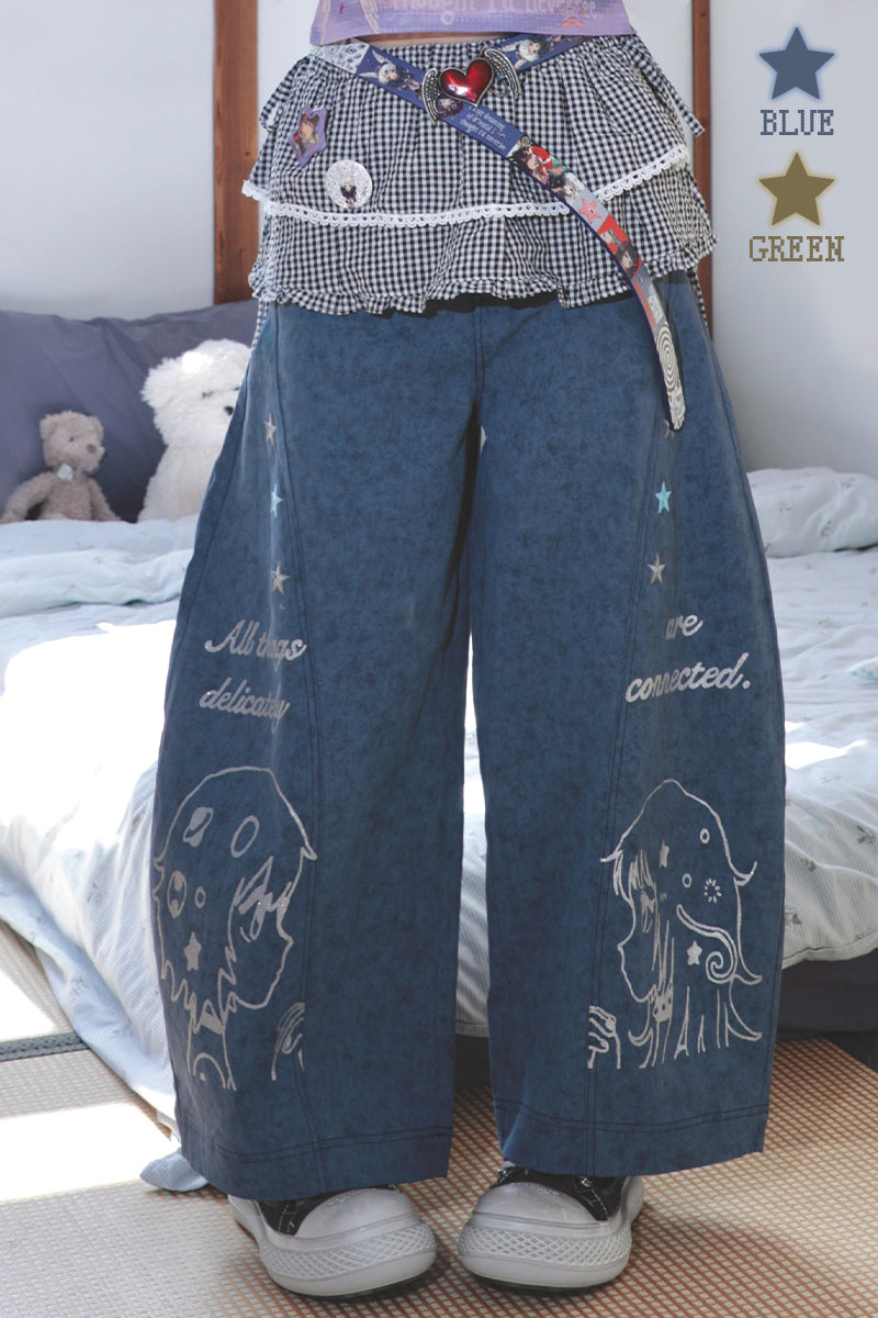 oliwabiu co-branded  Silver glitter printed curved knife pants
