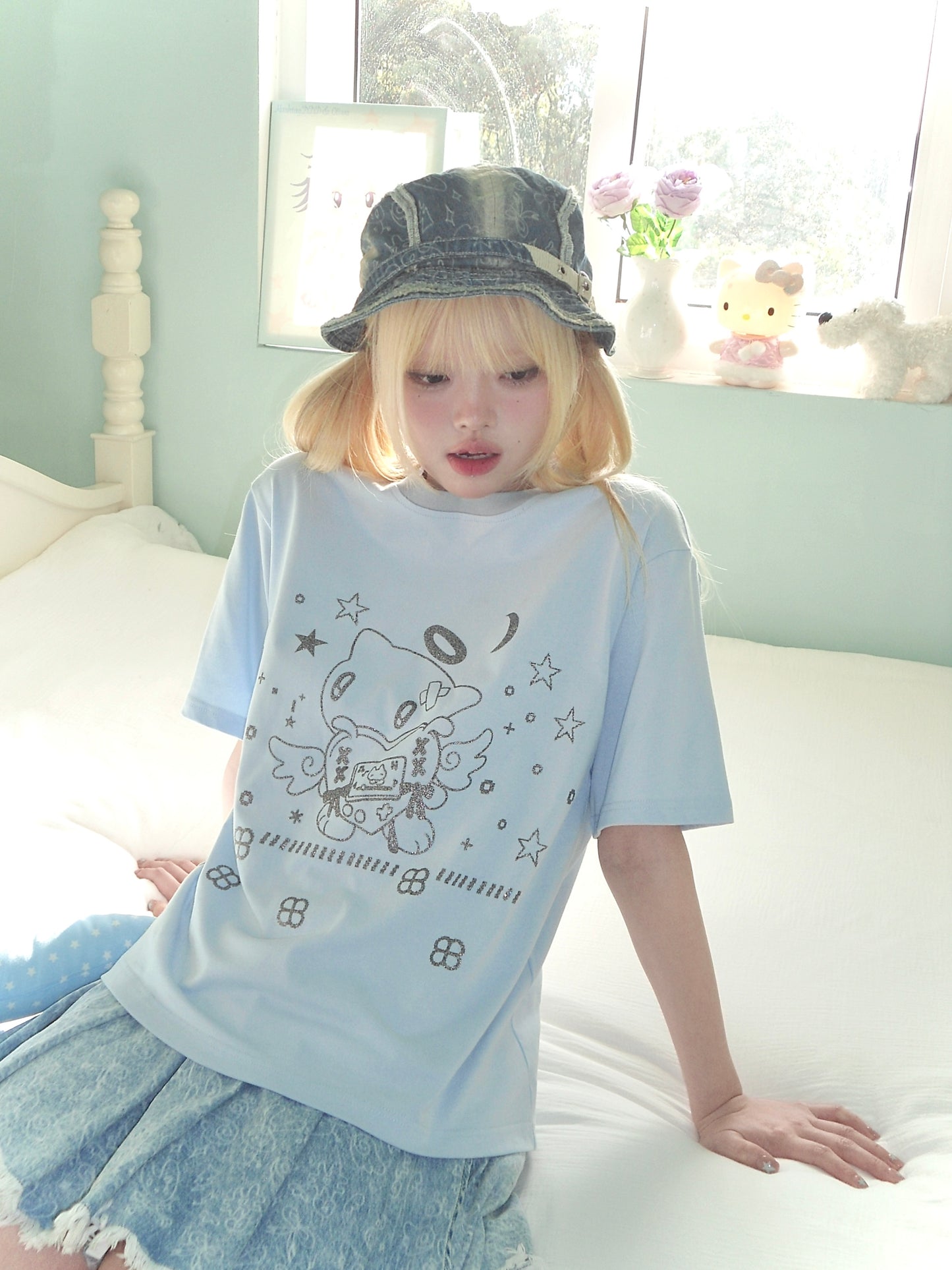 sunonebird co-branded Angel Cat Short Sleeve  Glitter  T-Shirt
