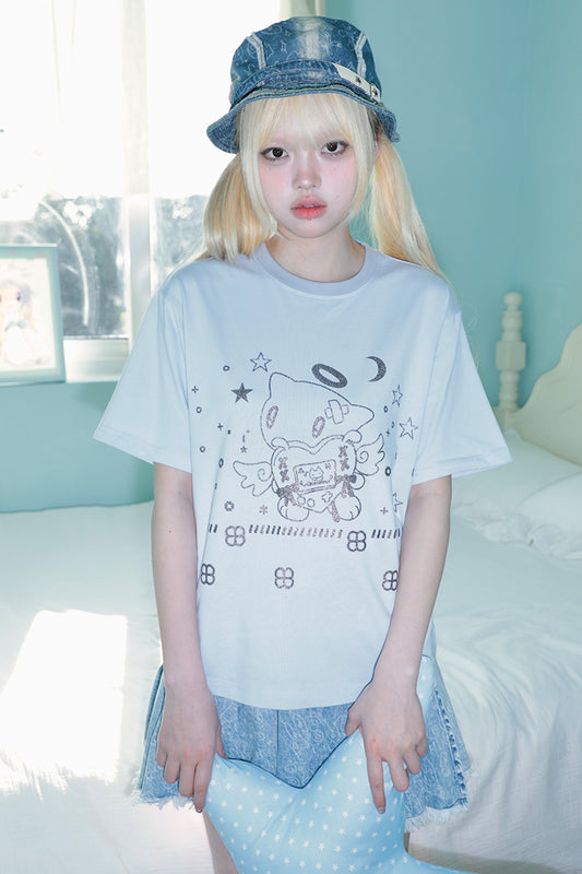 sunonebird co-branded Angel Cat Short Sleeve  Glitter  T-Shirt
