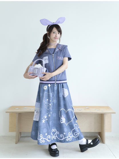 Reversible Faux Linen Polka Dot A-Line Maxi Skirt