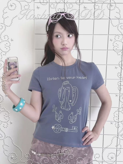 Angel Rabbit Key Rhinestone Short Sleeve Tee