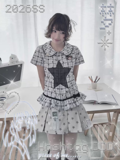 Retro Flip Phone Star Pleated Mini Skirt