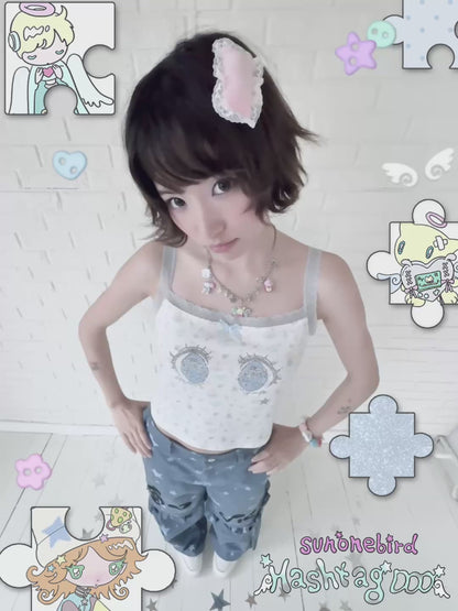 sunonebird co-branded Cartoon Eye Rhinestone Lace Camisole Top