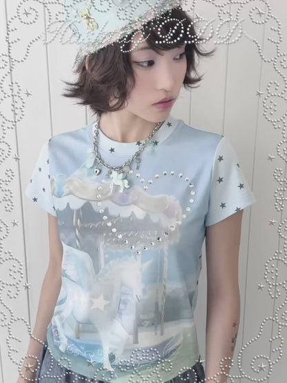 Unicorn Carousel Rhinestone Patchwork Short Sleeve Tee