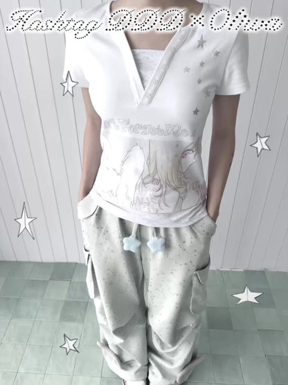 oliwabiu co-branded Angel Silver Foil Mock Layer Short Sleeve T-Shirt