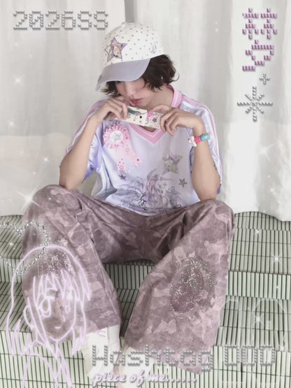 Cartoon Eye Rhinestone Parachute Pink Pants